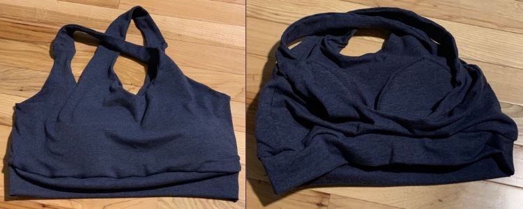 Image shows a collage of two photos. On the left is the front of a blue brazi while on the right photo the back of the bra is shown so you can see where the bra cups were sewn on. 