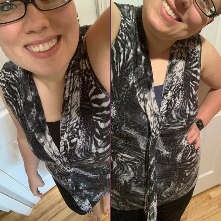 This is a side by side collage of two images separated by a line of purple. Both images are taken as selfies looking down at my body to show off the Brazi I'm wearing under the low cut top. The photo on the left shows a slightly darker looking shirt as I'm wearing a black Brazi under it. In contrast the photo on the right looks a hair lighter as the Brazi is the blue one shown four photos up. 