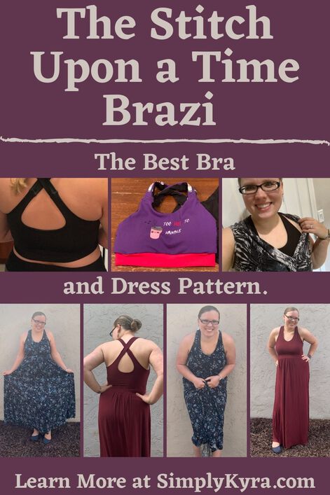 Pinterest geared image showing the name of the post, my main URL, and two rows of photos. The bottom row, right above my URL, shows four photos of me in the Brazi maxi dress while the row of photos higher up show the bra version. 