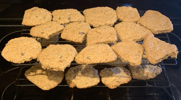 Image shows two stacked black wire cooling racks filled with  misshapen oatmeal cookies. 