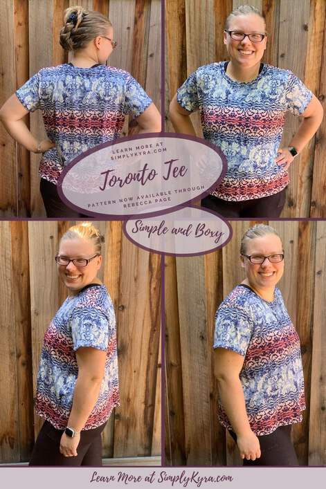 Pinterest image showing four views of me wearing my lgihtweight, flowy, and boxy Toronto Tee. Overlaid overtop of the collage is the name of the tee, my main URL, Rebecca Page, and the words "simple and boxy".