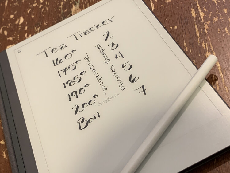 Image shows the Tea Tracker on my reMarkable2 device with the pen laid overtop.