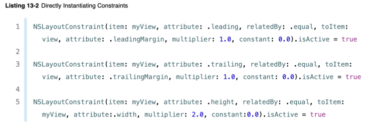 Screenshot from the Advanced Auto Layout page showing how three constraints where created and activated in the code. If you click the link in the caption you can find it under "NSLayoutConstraint Class"