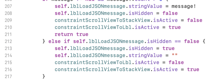 Image shows a section of my code where I set the visibility (isHidden) of my label and activate (isActive) my constraints based on whether there's an error message or not. 