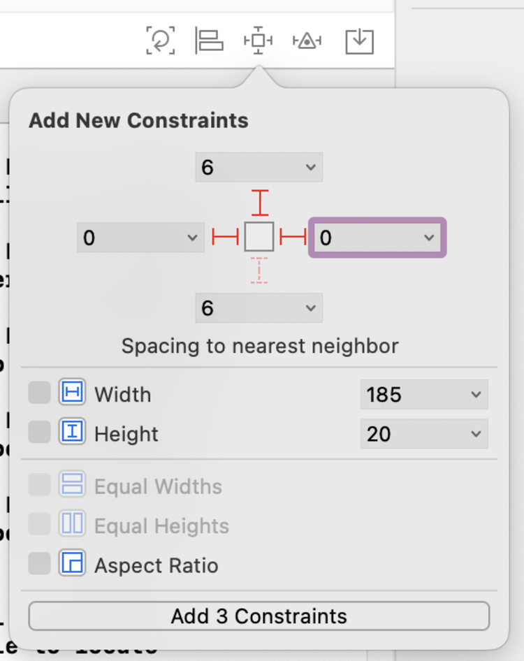 Image shows a screenshot of the Pin Tool with it's overlay showing how the controls each had their constraints added to nest on either side of the superview and keep a space of 6 between each control.