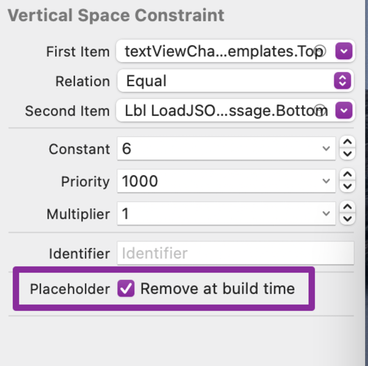 Image shows the attributes for the vertical space constraint in question. It displays an equal relation between the top of the control below and the bottom of the control above. There's a constant space of 6 between them with a multiplier of 1. The checkbox "Remove at build time" at the bottom is checked off. 