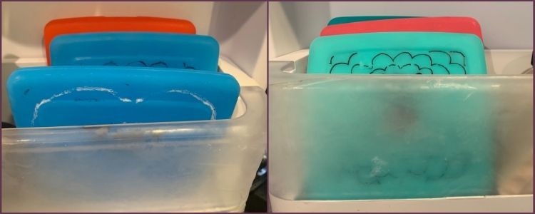 Image is a collage of two photos side by side. Both images show a raised edge shelf on my freezer door with three ice packs inside. 