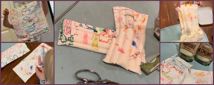 Image shows a collage of five photos. The left ones are Ada holding up a decorated square of fabric while, in the bottom one, Zoey decorates her folded fabric. In the middle are the final two rice packs. To the right, top, is a clipped and filled one while, at the bottom, are the two empty packs with the rice sitting behind it.