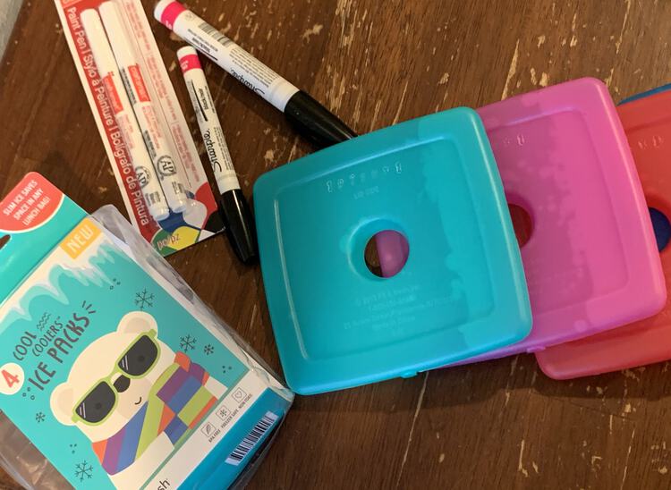 Image shows four ice packs, an empty container, and several oil-based black sharpies. 