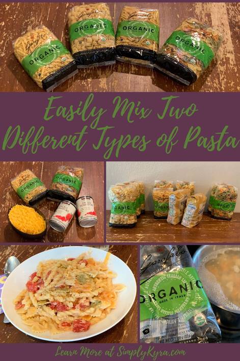 Pinterest-geared image showing my blog title (Easily Mix Two Different Types of Pasta), my main URL, and four images that are also shown below.