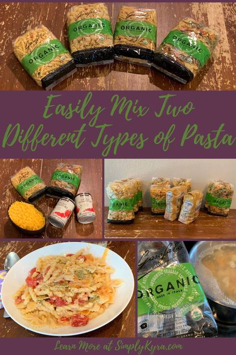 Pinterest-geared image showing my blog title (Easily Mix Two Different Types of Pasta), my main URL, and four images that are also shown below. 