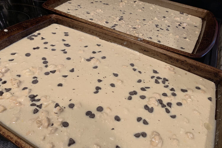 Two sheets with pre-cooked batter, chunks of white (dehydrated fruit), and chocolate chips pieces. 