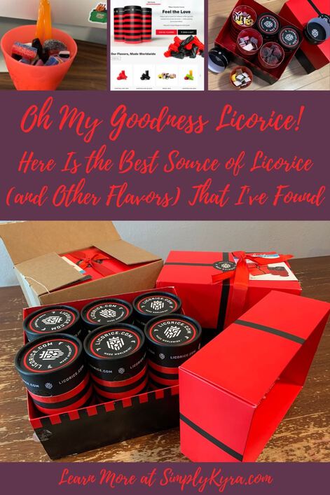 Pinterest geared image showing my post's title (Oh My Goodness Licorice! Here Is the Best Source of Licorice (and Other Flavors) That I've Found), main URL, and four images that can also be found below. 