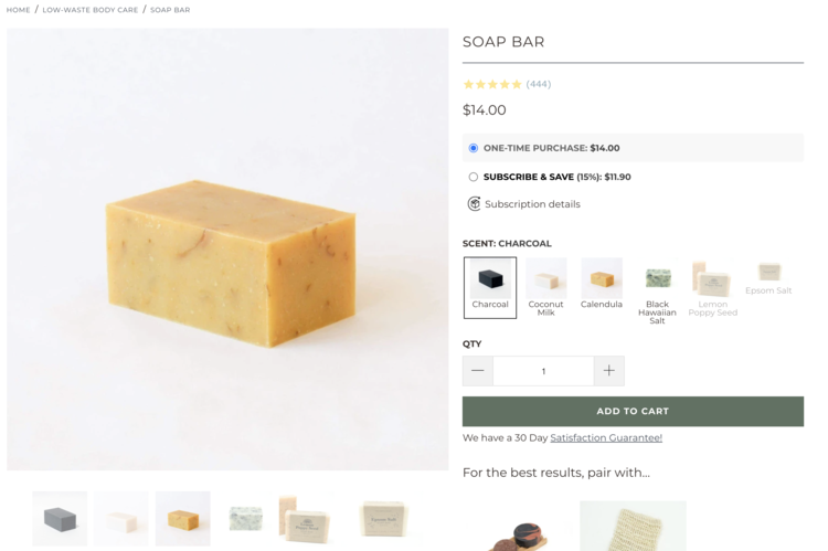 Image shows the calendula bar soap next to the other soap scents offered on the earthing company website.