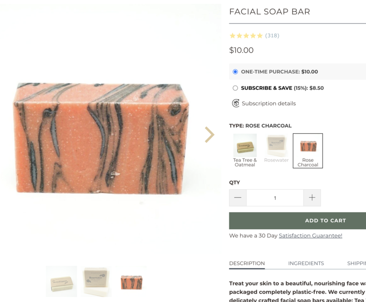 Image shows a pink soap bar with black streaks through it taken from the earthing company facial soap bar page. 