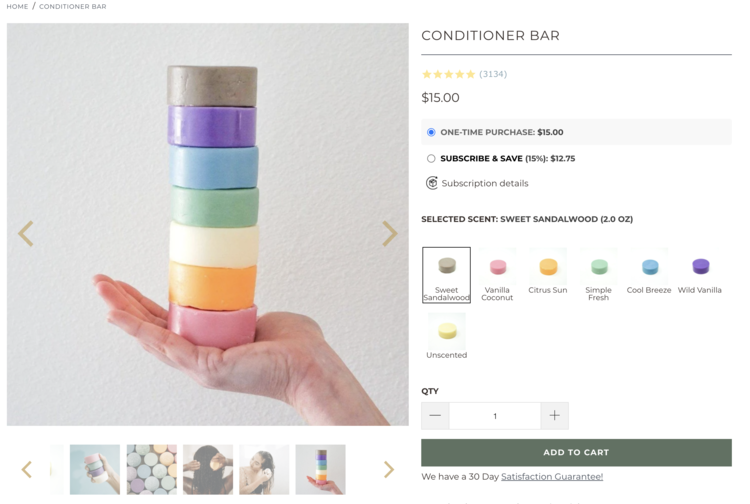 Image shows the a screenshot from the earthing co. showing seven conditioner bars stacking in a person's hand. In the caption there's a link to this website. 