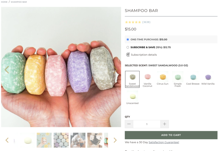 Image shows the a screenshot from the earthing co. showing five different shampoo bars in a pair of hands next to information about them. In the caption there's a link to this website. 
