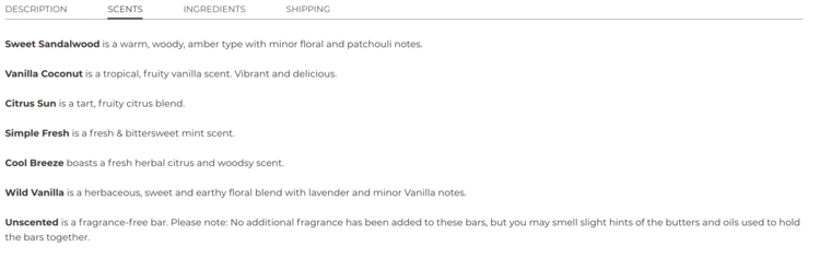 Image shows a screenshot from the soap bar page showing all the scents offered along with a brief description. 