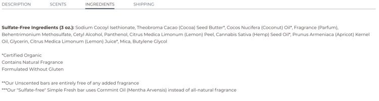 Image shows a screenshot from the soap bar page showing the ingredients used in the soap bars.