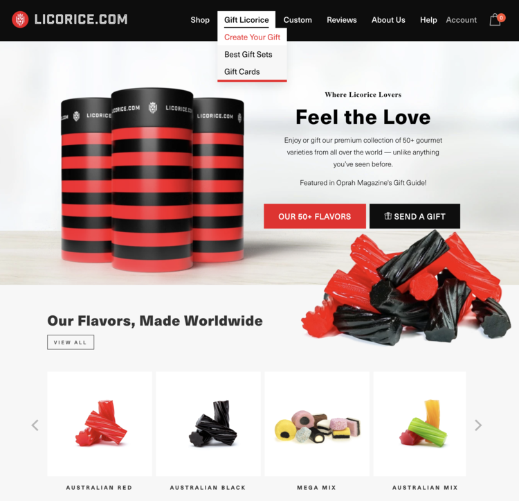Image shows the menu option "Gift Licorice" at the top banner of the website open and the entry "Create Your Gift" in red font. Below the menu you see their banner and some of their top flavors. 