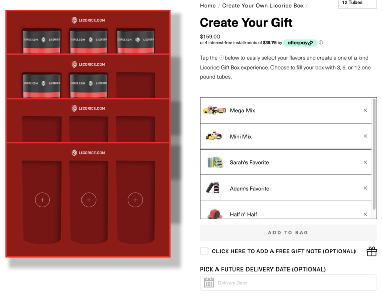 Image is taken from the Licorice.com website showing the Create Your Gift page with five of the twelve spots filled. On the right you can see which types I chose with, from top to bottom: Mega Mix, Mini Mix, Sarah's Favorite, Adam's Facorite, and Half n' Half.