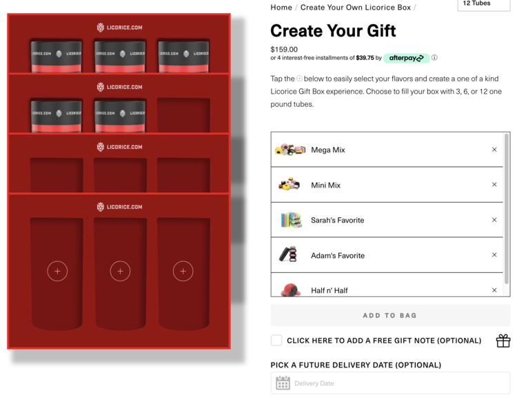 Image is taken from the Licorice.com website showing the Create Your Gift page with five of the twelve spots filled. On the right you can see which types I chose with, from top to bottom: Mega Mix, Mini Mix, Sarah's Favorite, Adam's Facorite, and Half n' Half. 