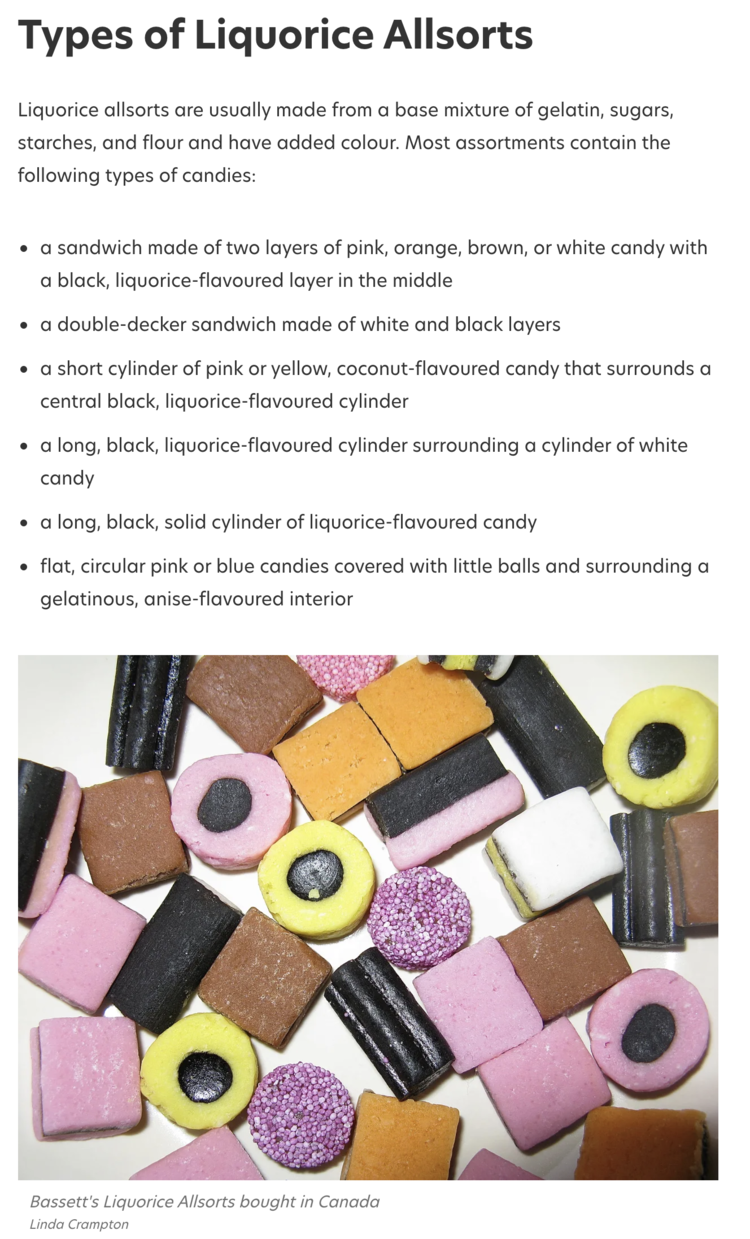 Image is a screenshot taken from Delishably showing the types of liquorice allsorts with text and a photo. 