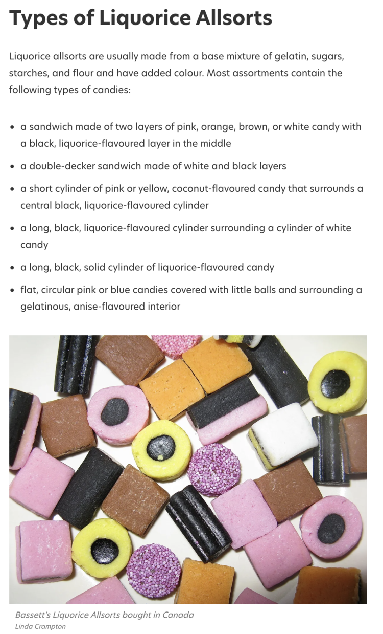Image is a screenshot taken from Delishably showing the types of liquorice allsorts with text and a photo.