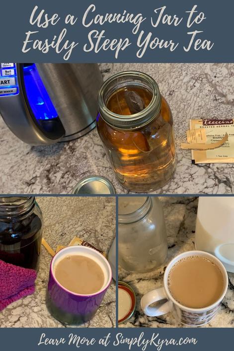Pinterest-geared image showing my blog post's title, my main URL, and three images that can also be seen below. Specifically the top one shows tea steeping in a canning jar and below it are two side by side photos of hot (left) and cold (right) tea. 