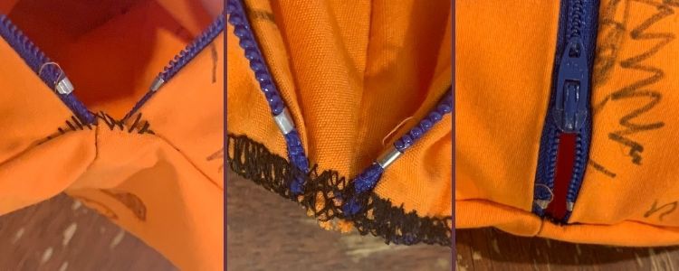 Image shows a collage of three images. The left and right one are right side out showing the zipper end while the center is the inside out version. Specifically the left one shows a loose zipper end, the center image shows the end sewn over to fix, and the right shows the final fixed zipper end.
