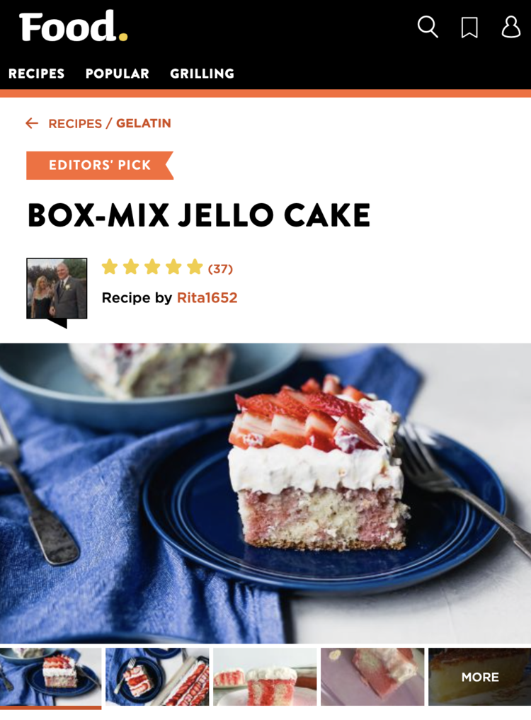 Image shows one large photo alongside four small thumbnails of variations of the Box-Mix Jello Cake on Food.com along with the website's heading, author (Rita1652), and rating (5 stars averaged from 37 people).
