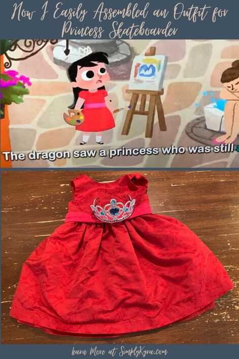 Pinterest geared image showing the post's title, a screenshot from the video displaying the text "The dragon saw a princess who was still", an image of the final outfit, and my main URL.
