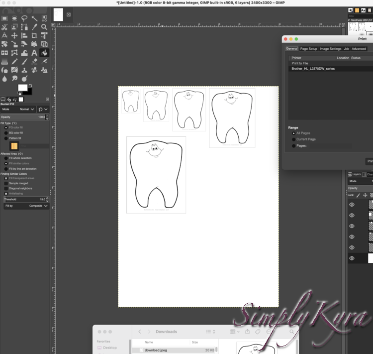 Image shows the Gimp IDE with five differently sized smiling teeth. At the bottom you can see part of the File window with the tooth image selected. 