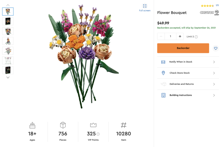 Image shows a screenshot of the flower bouquet page on LEGO.com with the small photos listed on the side, information about the product along the bottom and right side, and a main photo of the bouquet in the center.  