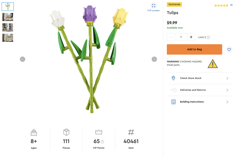 Image shows a screenshot of the tulip page on LEGO.com with the small photos listed on the side, information about the product along the bottom and right side, and a main photo of three tulips in white, lavender, and yellow in the center.  