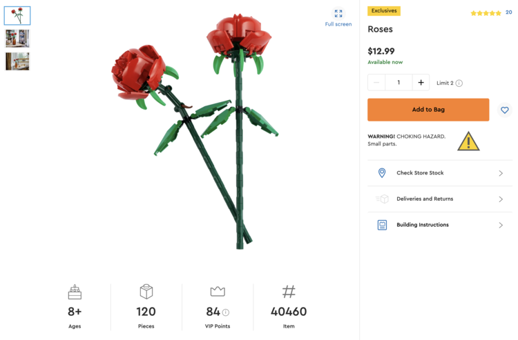 Image shows a screenshot of the rose page on LEGO.com with the small photos listed on the side, information about the product along the bottom and right side, and a main photo of two roses in the center.  