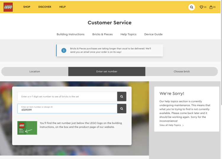 Image shows a screenshot of the LEGO website under Customer Service, Bricks & Pieces, Buy Bricks, and Enter Set Number. The top field for the set number is blank but the bottom one, for part number, is filled in with the stem part number 6329299 found in the instructions.