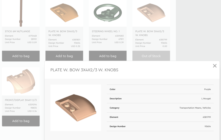 Image shows the one item, on the upper right, set to "Out of Stock". Below it, still on the image, a popup shows the image again and more information about it.