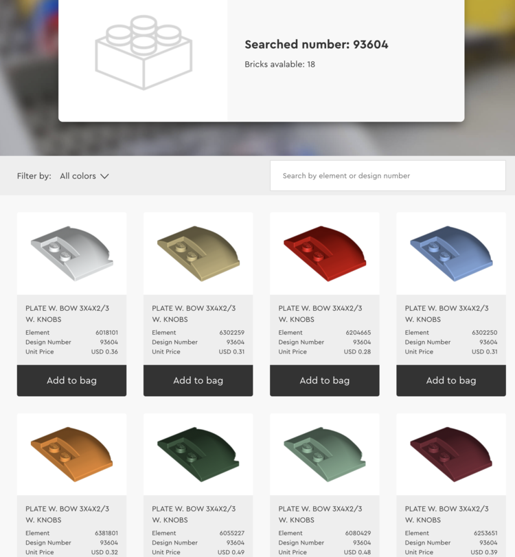 Image shows the Buy Bricks search showing the header with a blank image, the searched number, and listing 18 bricks available. Below the top two rows of the search results are included showing eight different colors of that item ranging from 28 to 48 cents depending on the color. 