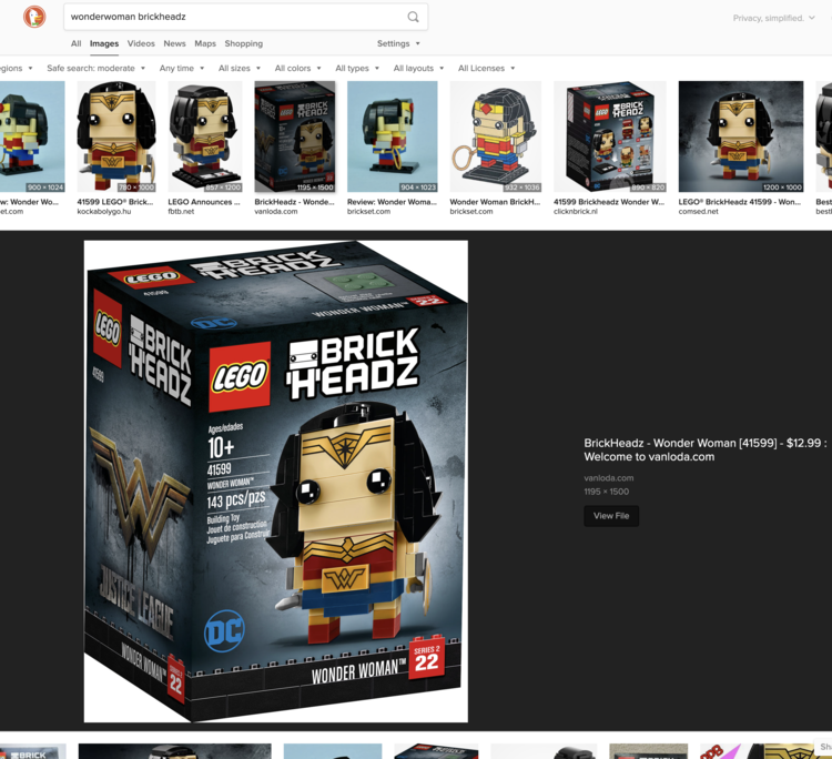 Image shows an image search for "wonderwoman brickheadz" on DuckDuckGo. Below the search you see a row of Wonder Woman Brickheadz images and below a large image of Wonder Woman™ BrickHeadz™ box from vanloda.com.