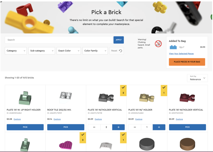 Image shows a screenshot of the LEGO® Pick A Brick storefront showing the header, filter criteria, bag, and results. Some items have a checkmark and number indicating how many items were picked.