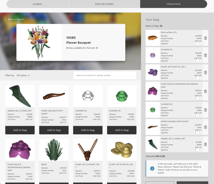 Image show the LEGO® Bricks & Pieces storefront with the "Choose Brick" option selected at the top. The flower bouquet was searched for and 26 bricks from that collection was chosen and shows up in the "bag" on the right side of the photo.