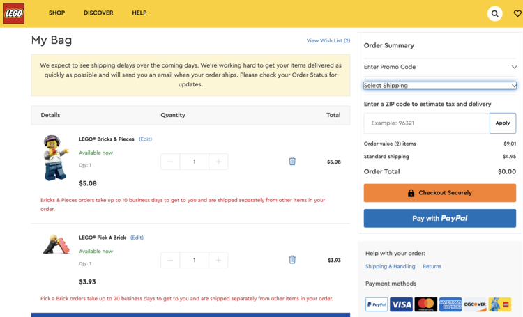 Image shows the main LEGO® shopping cart showing a LEGO® Bricks & Pieces order for $5.08 and a LEGO® Pick a Brick item for $3.93.