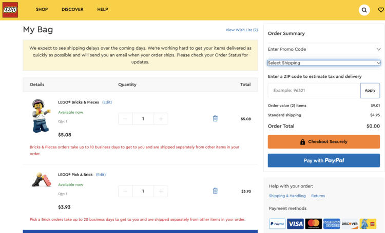 Image shows the main LEGO® shopping cart showing a LEGO® Bricks & Pieces order for $5.08 and a LEGO® Pick a Brick item for $3.93. 