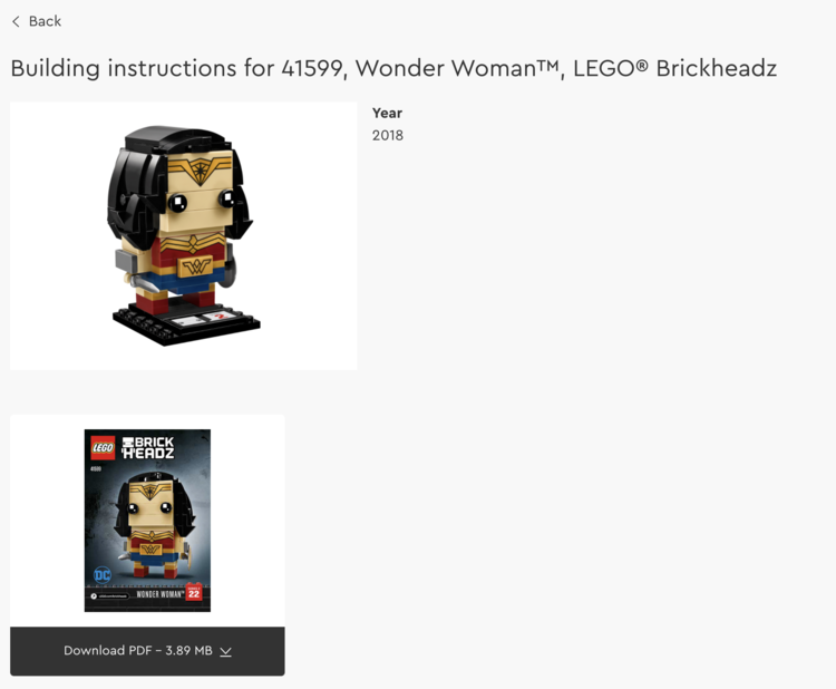 Image is a screenshot of the website showing a picture of the completed  Wonder Woman™ BrickHeadz™, the year it was made 2018, and a link to download the instructions and the size of the file 3.89 MB. 