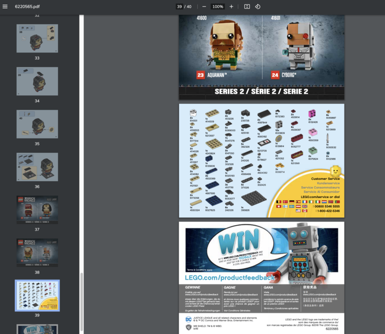 Image shows the PDF with the parts listed in the center of the page between images of series 2 and the back cover of the book. On the left you can see the pages 33 to the back cover in the page overview.