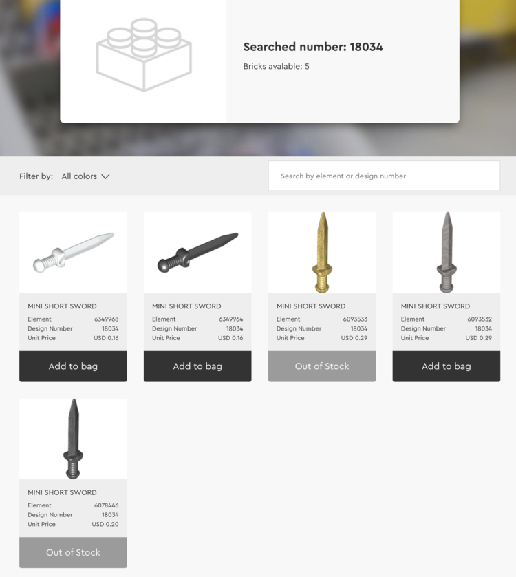 Image shows the buy bricks search page for design number 18034 showing 5 available bricks. Three are available right now as they say "Add to bag" underneath it while two of swords aren't as their button is unenabled, greyed out, and says "Out of Stock".
