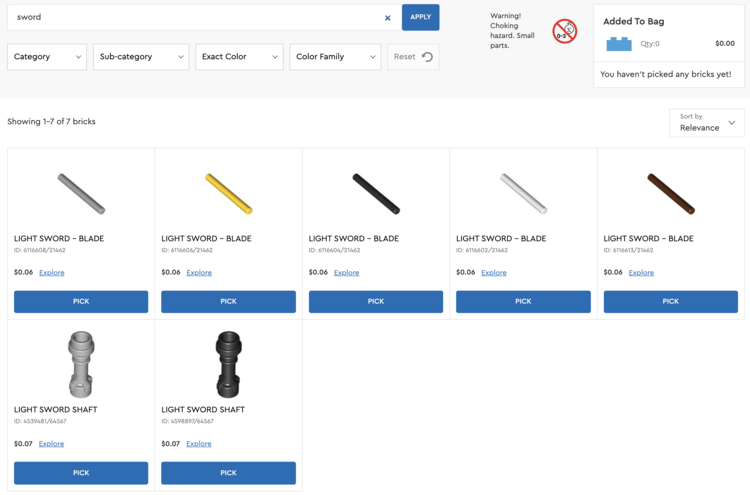 Image shows the search for "sword" on the Pick a Brick page with seven bricks in the results. The first row of results consists of five squares each showing 6 cent light sword blades. The second row shows two light sword shafts each 7 cents in cost. All items are available as they say "Pick" on the button below.