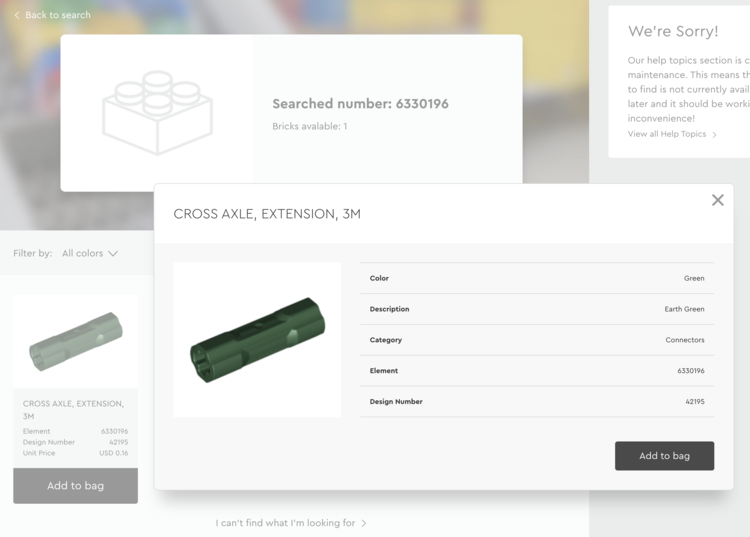 Image shows the Customer Service portal with the header missing the main image and display that only one brick patched the searched number. Below on the left you can see the element with an "Add to Bag" button while on the right is a popup showing all the information about that part including the design number of 42195.