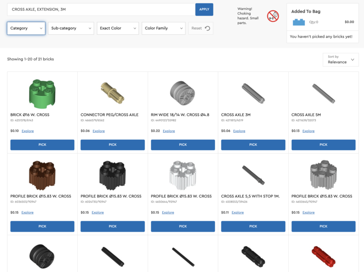 Image shows the Pick a Brick search for "CROSS AXLE, EXTENSION, 3M" showing the first two rows of results and the images from the third.